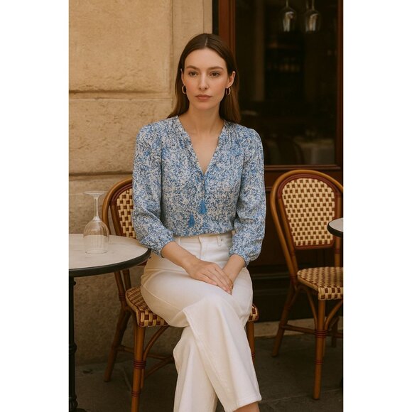 Rebecca Taylor Silk Blue Black Long Sleeve Blouse 6 Office Boho Chic Resortwear - Picture 1 of 12